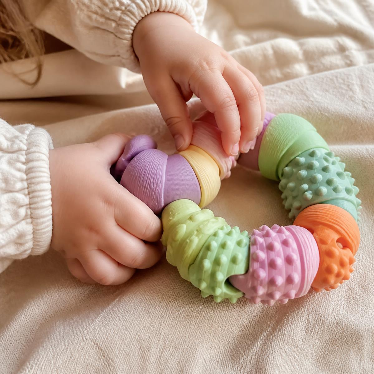 Mãos de criança explorando um brinquedo sensorial articulado